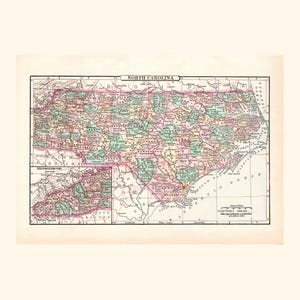 Antique Map of North Carolina (1896) / Ancienne carte de la Caroline du Nord (1896)