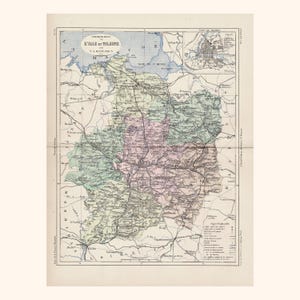 Mapa antiguo de Ille y Vilaine – V.A. Malte-Brun 1882 – Grabado decorativo del siglo XIX – Rennes, Saint-Malo, Fougères, Redon