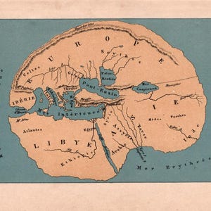 May include: An antique map illustration showing a stylized representation of Europe, Asia, and Africa. The map is in tan and blue, with text labels in a vintage font. The map is set within a blue border.