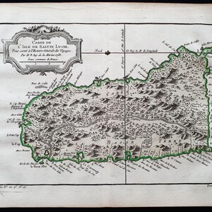 Carte ancienne originale de Sainte-Lucie dressée en 1754 par J.N. Bellin & A.F. Prévost / Original Antique Map of Saint Lucia, 1754