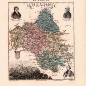 Old map of Aveyron – Migeon Atlas 1897 – 19th-century decorative engraving – Rodez, Millau, Villefranche-de-Rouergue