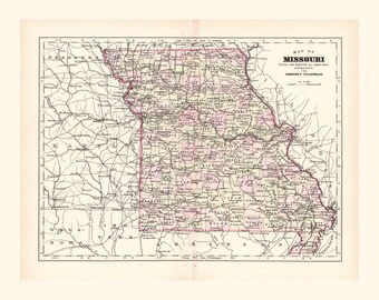 Antique Missouri Map – Historic United States Map – Original Engraving 1896