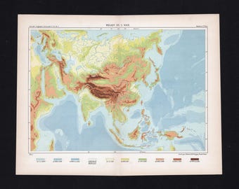 Antique Map Asia c. 1885 – Relief & Bathymetry – Élisée Reclus – Original Engraving