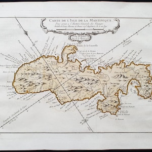 Mapa antiguo original de Martinica elaborado en 1754 por J.N Bellin & A.F. Prévost / Mapa antiguo original de Martinica, 1754