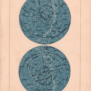 May include: A vintage celestial chart print showing two blue circular star maps with white constellation labels. The print has a beige background and includes Roman numerals and the number 37.