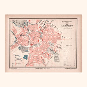 Antique map of Leipzig – Original 19th century city plan – Steel engraving by F. de La Brugère