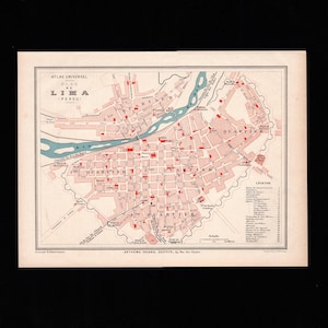 Könnte beinhalten: Eine antike Karte mit dem Titel Atlas Universel Plan de Lima Perou, die einen detaillierten Straßenplan in Beige und Rosa mit einem blauen Fluss zeigt. Die Karte enthält eine Legende, einen Maßstab und den Verleger Artheme Fayard.