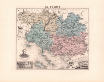Old map of Morbihan – Migeon Atlas 1897 – 19th-century decorative engraving – Vannes, Lorient, Pontivy, Ploërmel