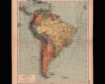 c. 1900 South America Antique Map Herkt – Original Leipzig Color Print Sudamerika