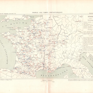 Carte ancienne de la France aux temps préhistoriques / Gravure originale (1877) / 38 x 28 cm