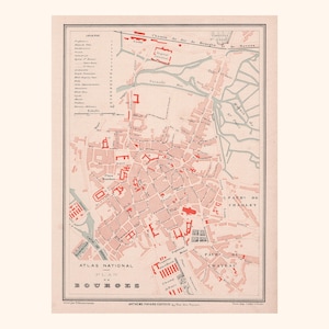 Ancien plan de Bourges (1880) / Pièce authentique / 31 cm x 23,2 cm