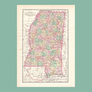Antique Map of Mississippi (1896 Vintage Steel Engraving) / Ancienne carte du Mississippi (1896)