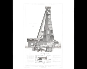 Antique Architectural Print – Passy Artesian Well, Drilling Workshop – Original Steel Engraving