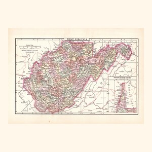 Antique Map of West Virginia (1896 Vintage Steel Engraving) / Ancienne carte de la Virginie Occidentale (1896)