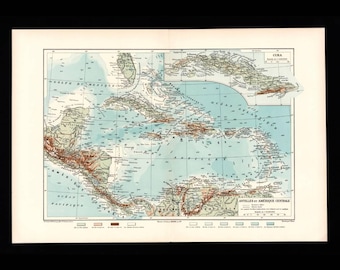 Original 1911 Caribbean Map – Antilles Cuba Central America – Large Folio Reclus Bong – Antique Wall Art