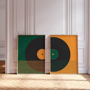 Impresión de un juego de discos de vinilo, póster de discos de vinilo amarillo y verde, decoración de salas de música, arte de pared digital musical, descarga digital instantánea