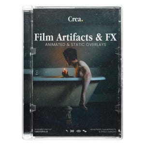 Peut inclure: Un boîtier en plastique transparent avec une couverture sombre. Le texte indique "Film Artifacts & FX" et "Animated & Static Overlays". L'image montre une personne dans une baignoire tenant une allumette allumée. Le boîtier comprend également le texte "Available only at creatopia.us."