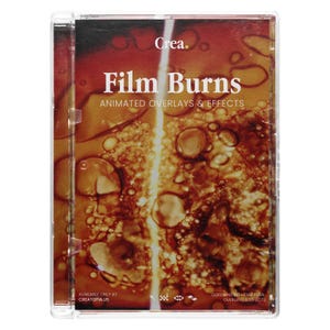 Könnte beinhalten: Eine transparente Kunststoffhülle mit einer Disc mit dem Titel "Film Burns". Der Hintergrund zeigt ein abstraktes Design in Braun- und Orangetönen mit Blasen und einem vertikalen Lichtstreifen. Der Text "Animated Overlays & Effects" ist ebenfalls sichtbar.