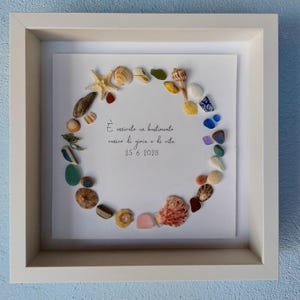 Op de afbeelding: Een wit ingelijst beeld met een witte achtergrond. De achtergrond heeft een cirkel van schelpen, zeeglas en andere schatten van het strand. De tekst in het beeld luidt: "È arrivato un bastimento carico di gioia e di vita 25 6 2023"