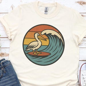 Pelican Surfer Retro Sunset Beach Tshirt, Vintage Seaside Summer T-Shirt, Ocean Lover Ride The Waves Gift Shirt