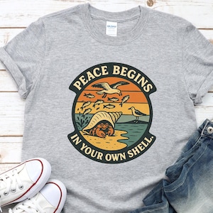 Peace Begins in Your Own Shell Retro Beach Scene Tshirt, Crab Seaside Summer Softstyle T-Shirt, Ocean Lover Gift Shirt