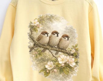 Three Sparrows Sweatshirt - Vintage Bird Floral Illustration - Comfort Colors