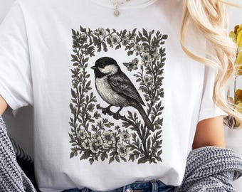 Chickadee Floral T-Shirt - Woodland Bird Comfort Colors Shirt - Birdwatcher Vintage Tee