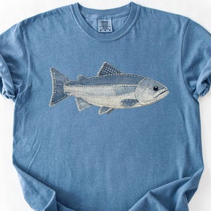 Peut inclure: T-shirt bleu clair avec un motif de poisson en denim. Le poisson est composé de différents patchs de denim, avec un corps bleu clair et des accents bleu foncé sur les nageoires et la queue. Col rond.