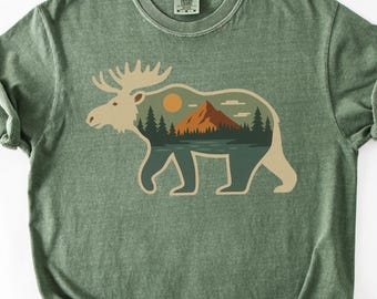 Bear-Moose Hybrid Wilderness Art Shirt - Mountain Landscape Animal Silhouette Comfort Colors Tee