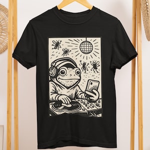 Hooded Frog with Headphones DJing Vintage Disco T-shirt, Bug Beat Drop Toad Meme Cartoon Style Tshirt, Surreal Amphibian Humor Shirt