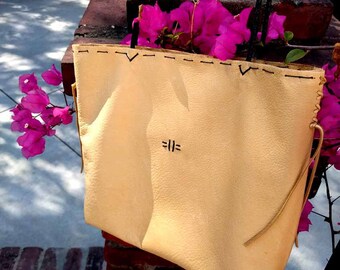 Pale Yellow Italian Leather Cross Body Tote "Giulia" Hand-stitched