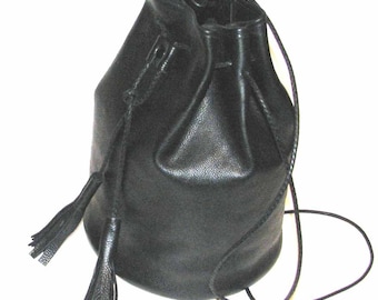 Black Leather Cross Body Bucket Bag with Tassels Handmade