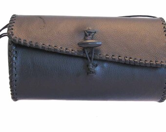 Black Leather Round Tootsie Roll Shoulder Bag Handmade OOAK