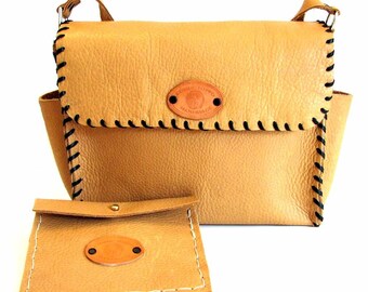 Caramel Leather Whipstitch Messenger Shoulder Bag Handmade