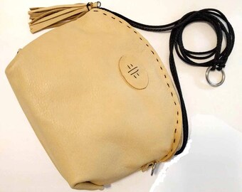 Pale Yellow Italian Leather Cross Body Half Moon Paradise Hand-Stitched