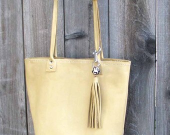 Lemon Yellow Maize Italian Leather Fiona Tote Key Ring Tassel African Bead Handmade