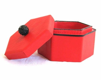 Red Leather Box with Black Carved Bead Handmade