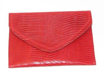 Tomato Red Embossed Lizard Leather Card Case Wallet Handmade Free Shipping US and Canada