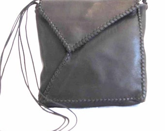Black Leather Whip Stitch Envelope Style Shoulder Bag Handmade