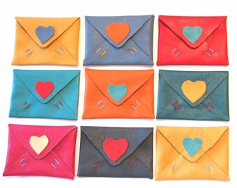 Leather Heart Slim Wallet Card Case Mini Wallet Handmade - Reduced Price