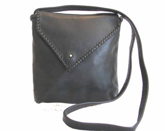 Black Italian Leather Silver Bead Whip Stitch  Envelope Shoulder Bag Handmade