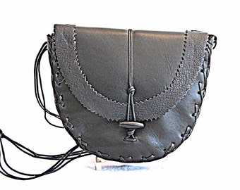 Black Leather Curvaceous Shoulder Bag or Clutch Handmade