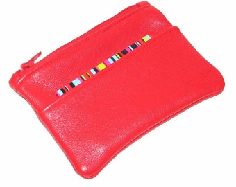 Red Lambskin Small Zipper Wallet with Card Pocket Handmade