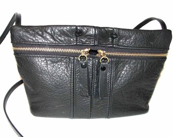 Black Italian Leather Double Zipper Harrison Cross Body Strap