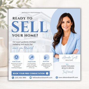 Könnte beinhalten: Ein Immobilien-Marketing-Flyer mit einer Fachkraft in einem hellblauen Blazer. Der Text enthält READY TO SELL YOUR HOME?, Alexandra Smith REALTOR und Kontaktdaten. Das Design verwendet Blau- und Weißtöne mit Symbolen für Verkäufer, Käufer und Investoren.