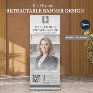 May include: A retractable banner design for real estate, featuring a professional woman in a blazer. The banner includes the text "TRUSTED REAL ESTATE EXPERT" and contact information. The design is available for instant download.
