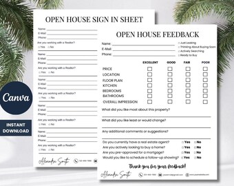 Open House Sign In Sheet and Feedback Form | Real Estate Marketing Template | Printable Realtor Sign-In & Feedback | Editable Canva Form