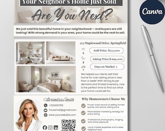 Just Sold Real Estate Flyer Template | Realtor Marketing Flyer | Editable Canva | Your Neighbor’s Home Just Sold |Real Estate Agent Template