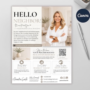 Peut inclure: Flyer immobilier avec le titre "HELLO NEIGHBOR!" et une photo d'une femme souriante. Le flyer comprend du texte sur les services immobiliers locaux, des coordonnées et un code QR. Un stylo et une plante sont sur la table.