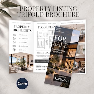 May include: A trifold property listing brochure featuring a floor plan, property highlights, and a for sale flyer. The text includes Property Highlights, 4 Bedrooms, 3.5 Bathrooms, 3,200 Sq Ft, 2 Car Garage, 0.25 Acres, For Sale, 1254 Oakridge Lane, Austin, TX 78701, and $1,250,000.